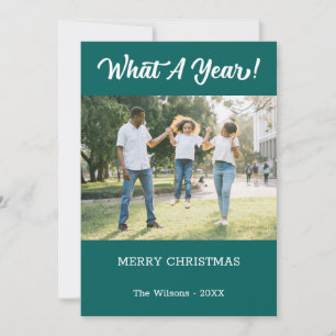 What A Year Modern 2 Photo Teal Holiday Card