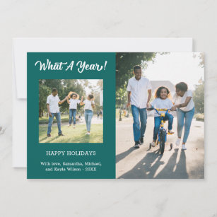 What A Year Modern 3 Photo Teal Holiday Card