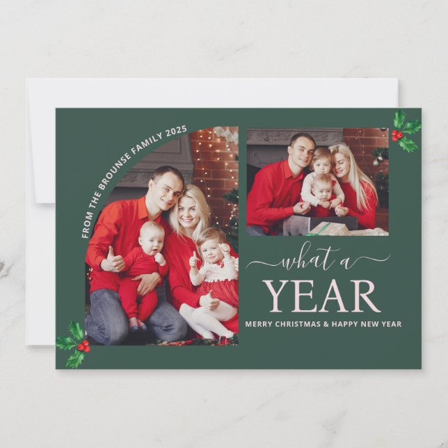 What a Year Multi Photo Collage Christmas Green  Card (Front)