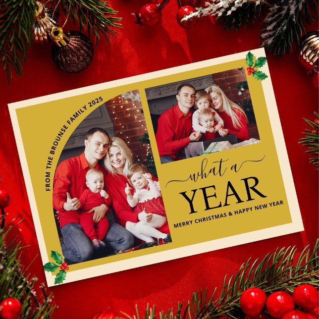 What a Year Multi Photo Collage Christmas Holly  Card ( christmas cards modern photo collage picture what a year year in review year full of memories)