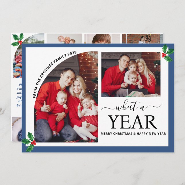 What a Year Multi Photo Collage Christmas Holly  Card (Front/Back)
