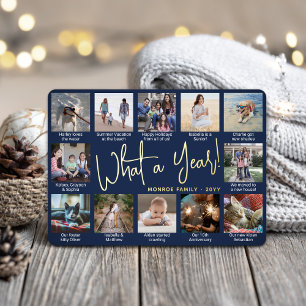 What a Year! Navy Blue 12 Photo Collage & Captions Foil Holiday Card