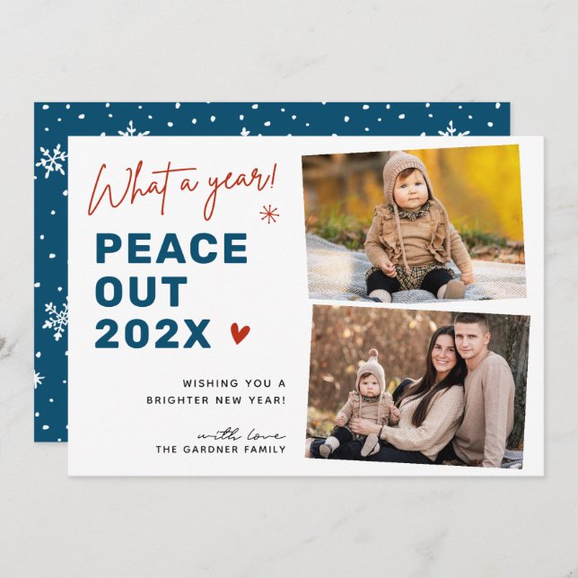 What A Year Peace Out 2024 Winter Snowflakes Photo Holiday Card (Front/Back)