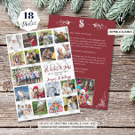 What A Year Photo Collage Captions Year in Review Holiday Card<br><div class="desc">Modern, unique holiday greeting card featuring an easy-to-upload photo collage template for 17 pictures with captions on the front and the year with your custom title and greeting (the sample shows OH WHAT A YEAR and HAPPY HOLIDAYS) in modern hand lettered script typography shown in a customisable crimson red colour...</div>