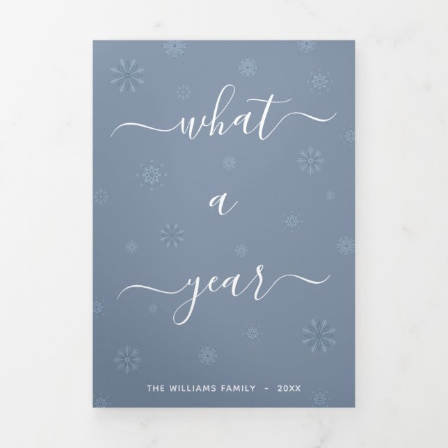 What A Year Photo Year in Review Dusty Blue Tri-Fold Holiday Card (Cover)