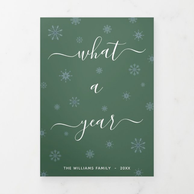 What A Year Photo Year in Review Green Tri-Fold Holiday Card (Cover)