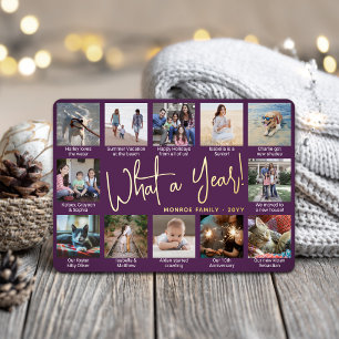 What a Year! Purple 12 Photo Collage & Captions Foil Holiday Card