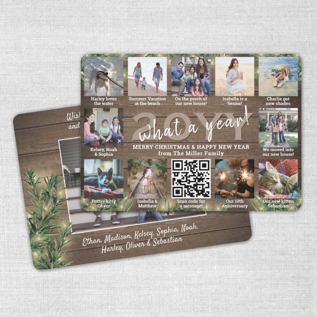 What a Year! QR Code 12 Photo Wood, Pine & Lights Holiday Card (Creator Uploaded)