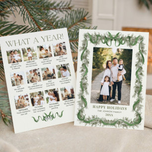 What a Year Sage Green Pine Bow Christmas 13 Photo Holiday Card