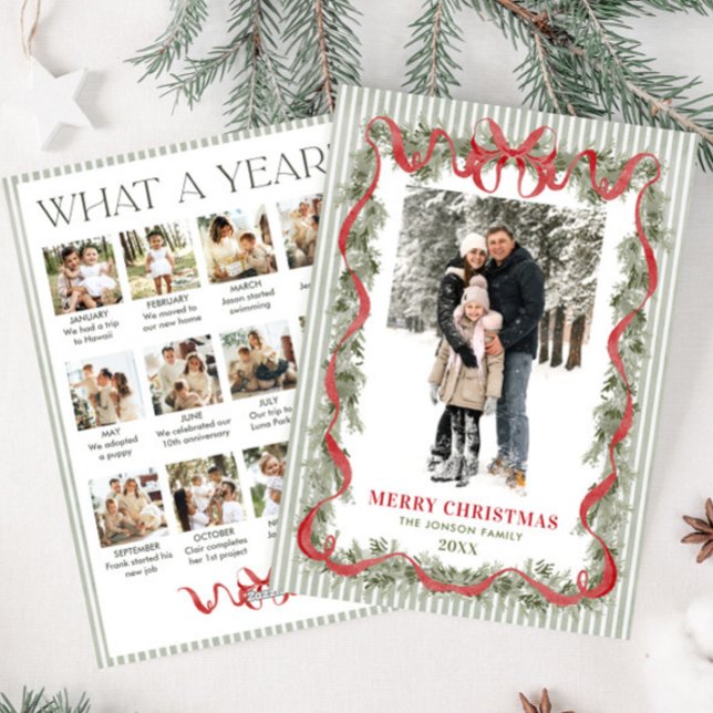 What a Year Sage Green Red Bow Christmas 13 Photo Holiday Card (Creator Uploaded)