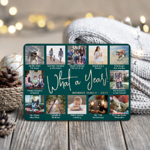 What a Year! Teal Green 12 Photo Collage Modern Foil Holiday Card