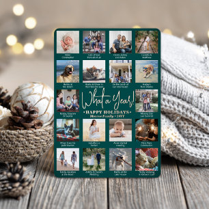 What a Year! Teal Green 18 Photo Collage Modern Foil Holiday Card