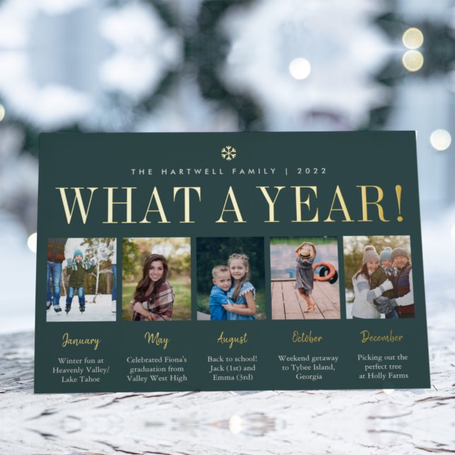 What a Year | Year in Review 5 Photo Collage Foil Holiday Card (Creator Uploaded)