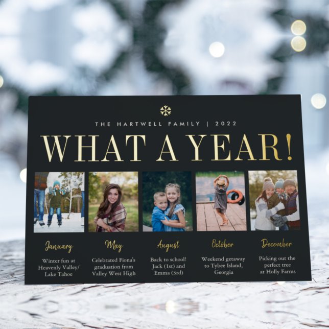 What a Year | Year in Review 5 Photo Collage Foil Holiday Card (Creator Uploaded)