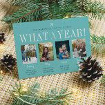 What a Year | Year in Review Photo Collage Holiday Card<br><div class="desc">Unique modern holiday card design features four favorite photos with custom captions, with your family name and "what a year!" above. Create an engaging year-in-review style card for family and friends by sharing photos of your family's special moments and describing them with our custom text templates. White lettering with handwritten...</div>