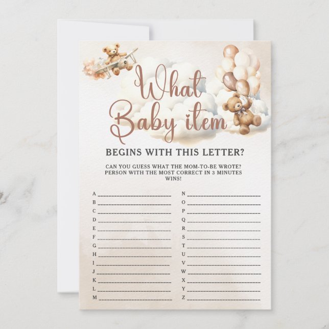 WHAT BABY ITEM ALPHABET Baby Shower Game Cute Bear Invitation (Front)