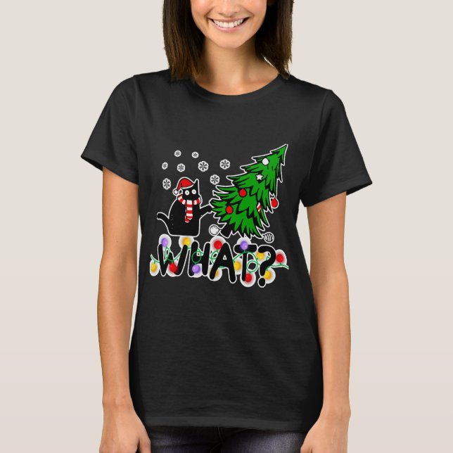 What Black Cat Pushing Pine Tree Cat T-Shirt (Front)