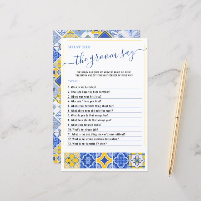 What Did Groom Say Blue Tiles Bridal Shower Game (Front/Back In Situ)