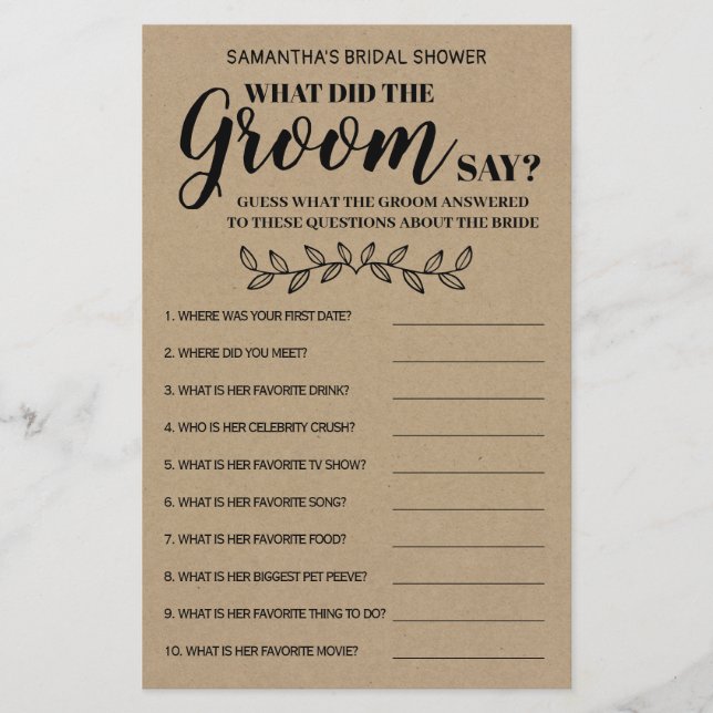 What did Groom say bridal shower bilingual game (Front)