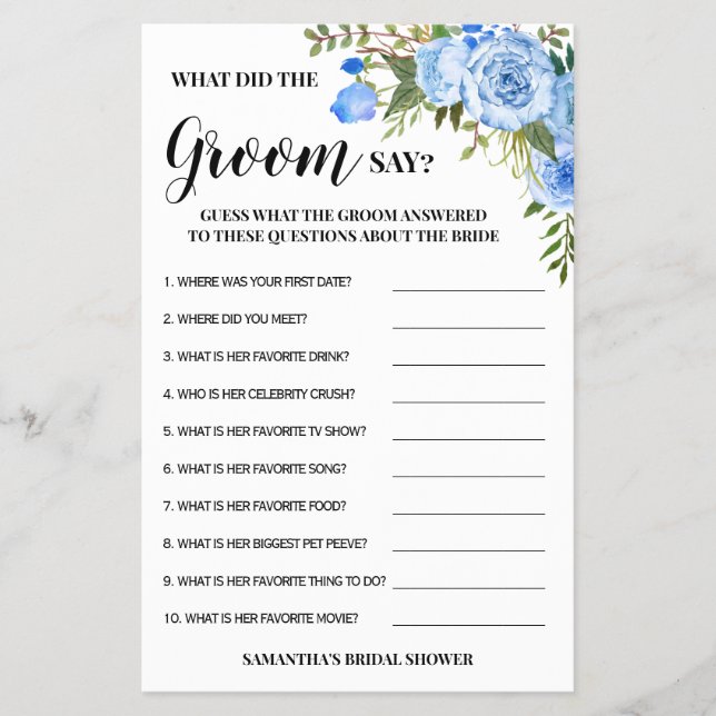 What did Groom Say Bridal Shower Blue Game Card (Front)