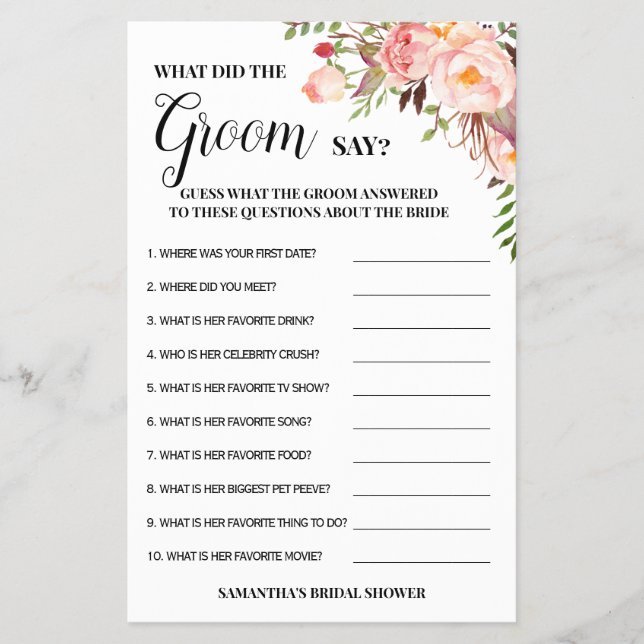 What did Groom Say Bridal Shower Pink Game Card (Front)