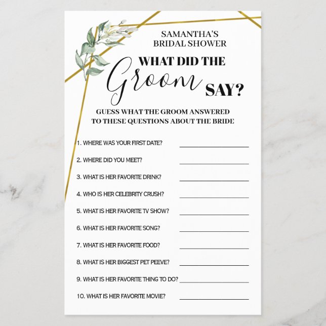 What did Groom Say Greenery Gold Shower game card (Front)
