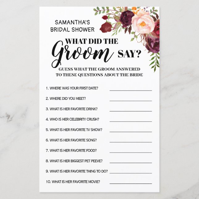 What did Groom Say Marsala Bridal Shower Game (Front)