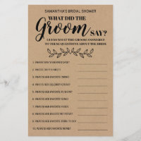 What did Groom Say Rustic Bridal Shower Game Card