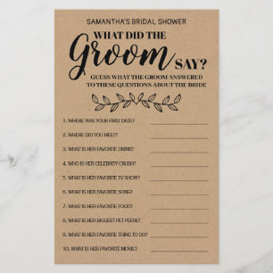 What did Groom Say Rustic Bridal Shower Game Card