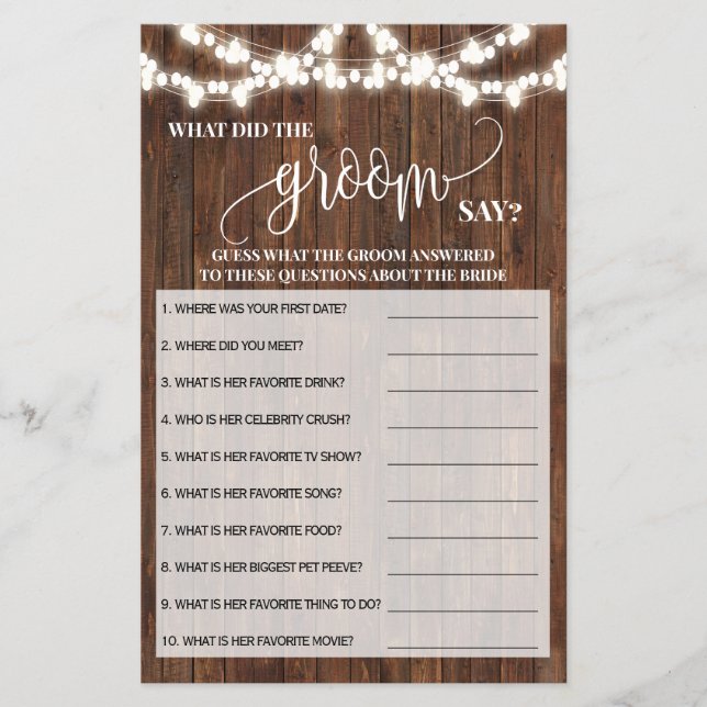 What did Groom Say Western Bridal Shower Game Card (Front)