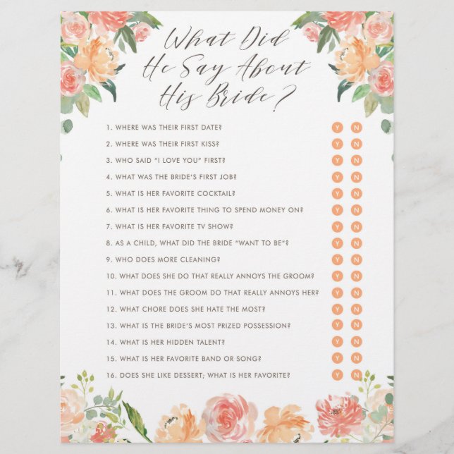 What Did He Say About His Bride Bridal Shower Game (Front)