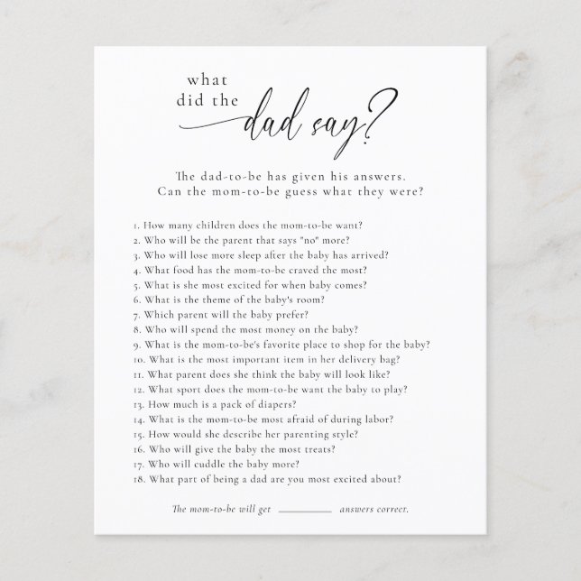 What Did The Dad Say? Baby Shower Game Card (Front)