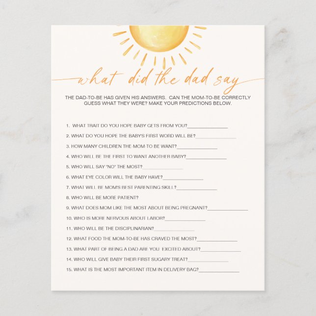 What Did The Dad Say Sunshine Baby Shower Game (Front)