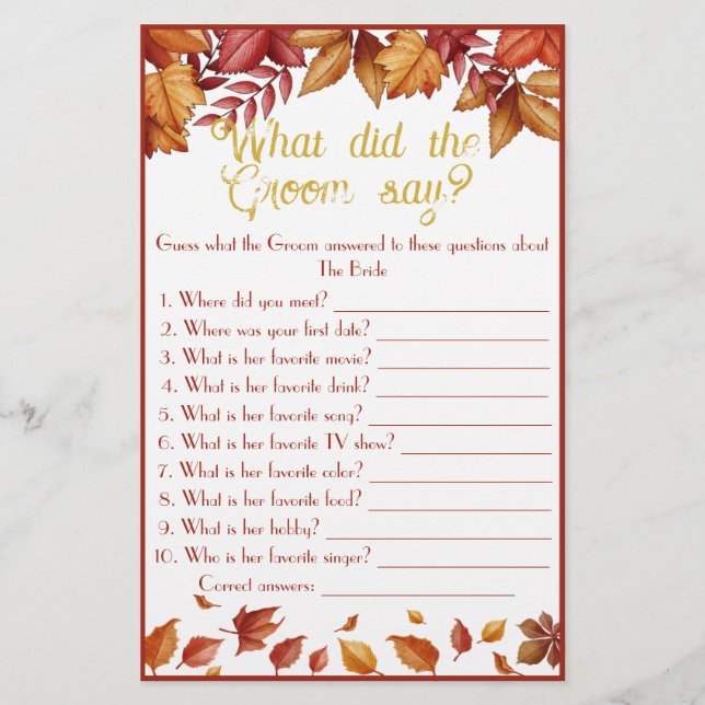 What did the Groom say? Autumn Bridal Shower Game  Flyer (Front)