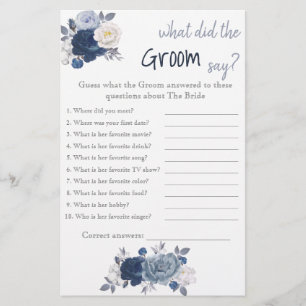 What did the Groom say? Blue Flower Shower Game Flyer