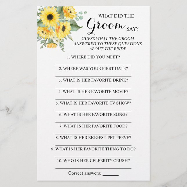 What did the Groom Say Bridal Shower Game Card (Front)