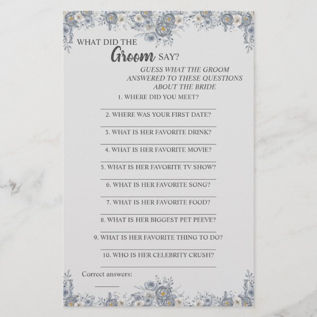 What did the Groom Say Bridal Shower Game Card (Front)