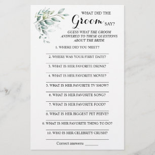 What did the Groom Say Bridal Shower Game Card