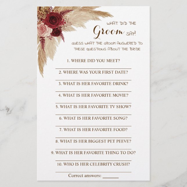 What did the Groom Say Bridal Shower Game Card (Front)