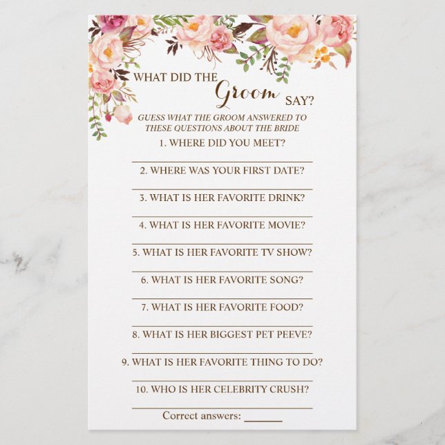 What did the Groom Say Bridal Shower Game Card (Front)