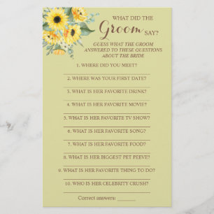 What did the Groom Say Bridal Shower Game Card Fly