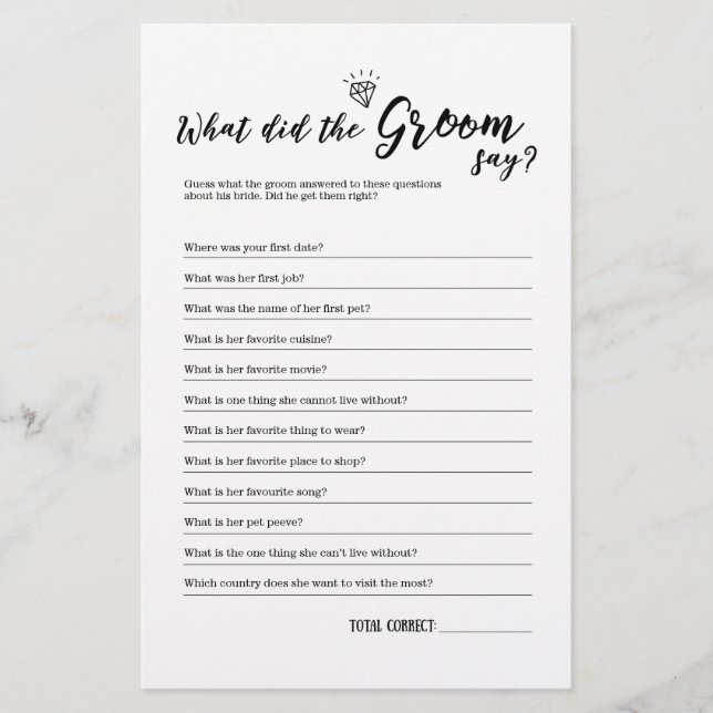 What Did The Groom Say Game for Bridal Shower (Front)