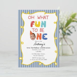 What Fun to Be One 1st Birthday Party Photo Boy Invitation