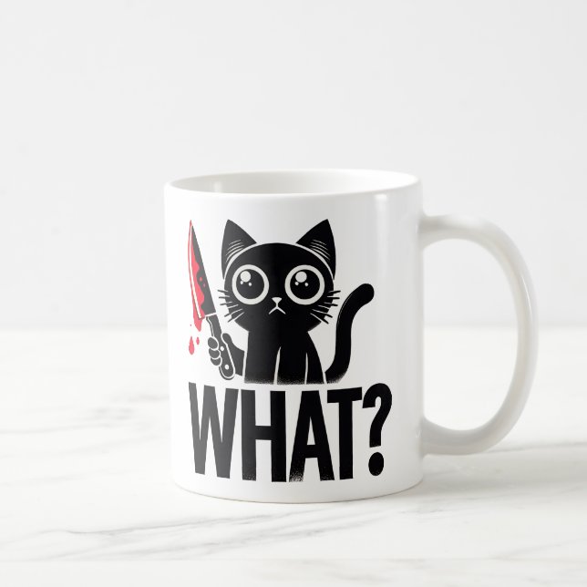 "What" Funny Black Cat. Murderous Cat with knife Coffee Mug (Right)