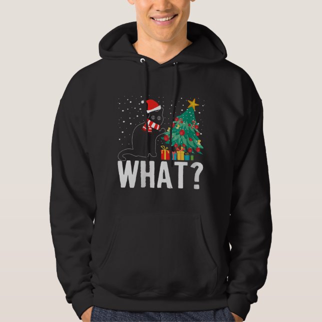 What Funny Black Cat Pushing Christmas Tree Over X Hoodie (Front)