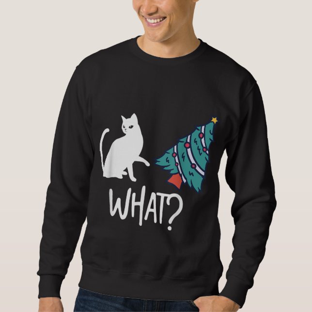 What Funny Black Cat Pushing Christmas Tree Over X Sweatshirt (Front)