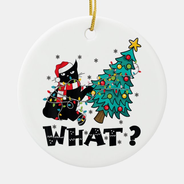 WHAT Funny Black Cat Santa Pushing Christmas Tree  Ceramic Tree Decoration (Front)