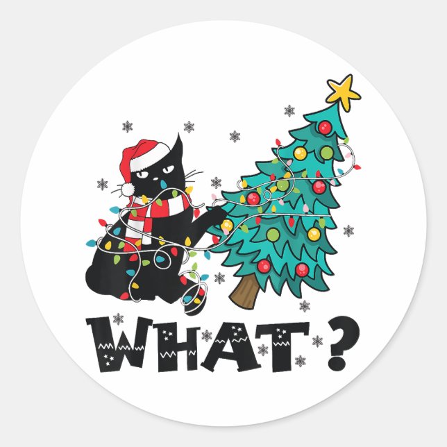 WHAT Funny Black Cat Santa Pushing Christmas Tree  Classic Round Sticker (Front)