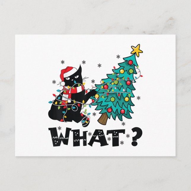 WHAT Funny Black Cat Santa Pushing Christmas Tree  Holiday Postcard (Front)