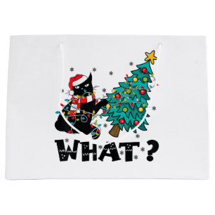 WHAT Funny Black Cat Santa Pushing Christmas Tree Large Gift Bag